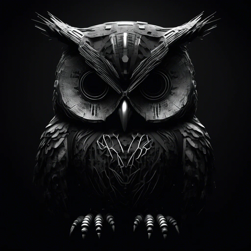 cyber owl in black and white moody dark atmosphere