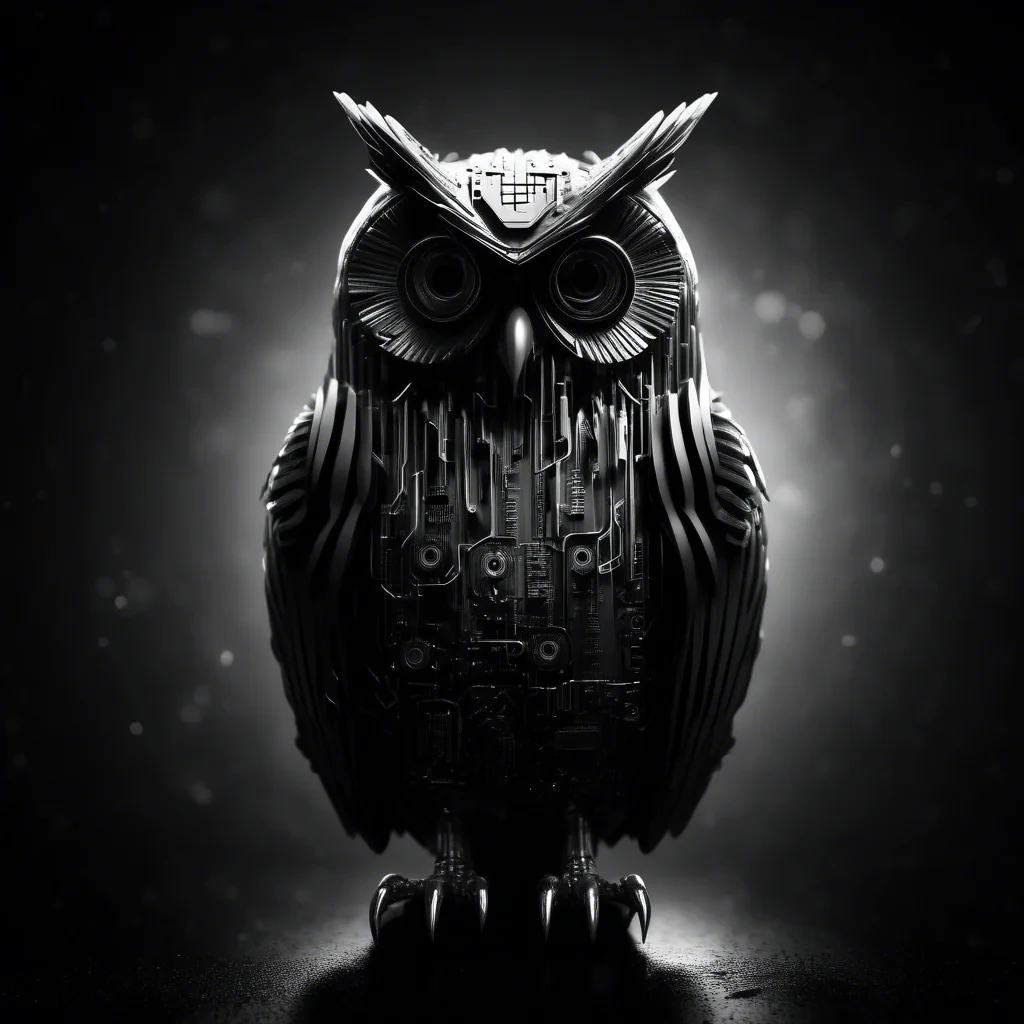 cyber spy owl in black and white moody dark atmosphere