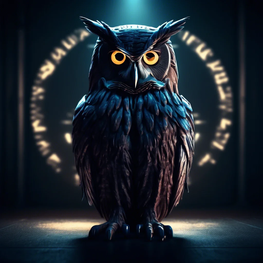 cyber night owl in a dark moody room with illuminati symbol behind the owl