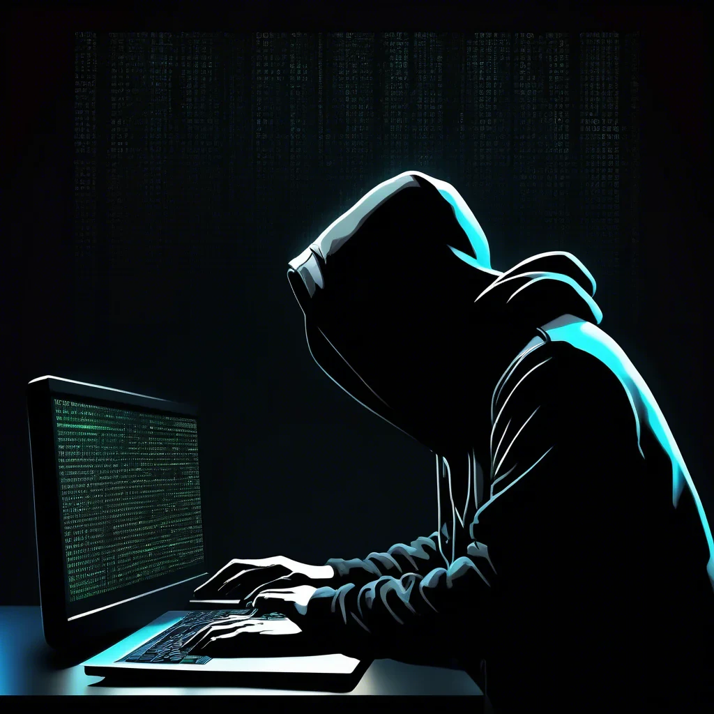 siluette with a black hoodie, stearing at a computer screen with code on the screen