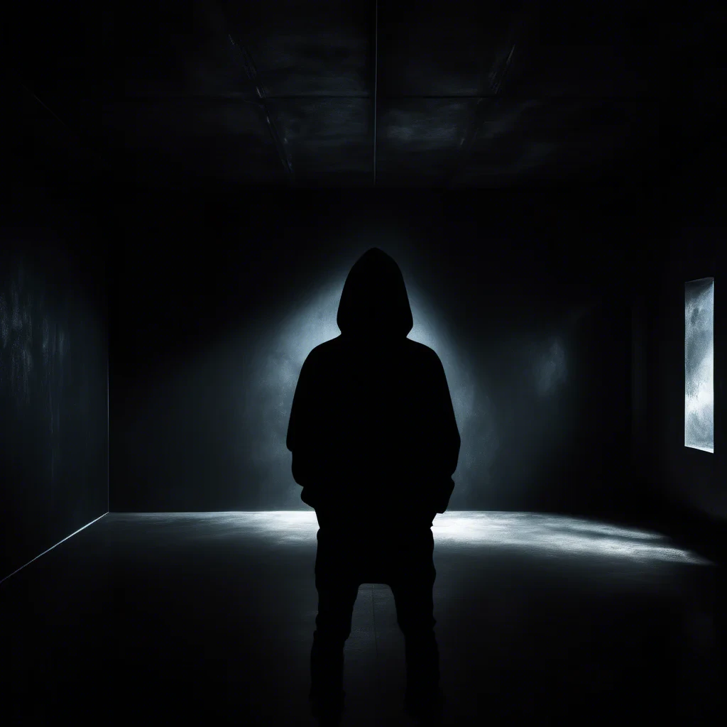 dark moody room with a siluette wearing a black hoodie, stearing at the viewer