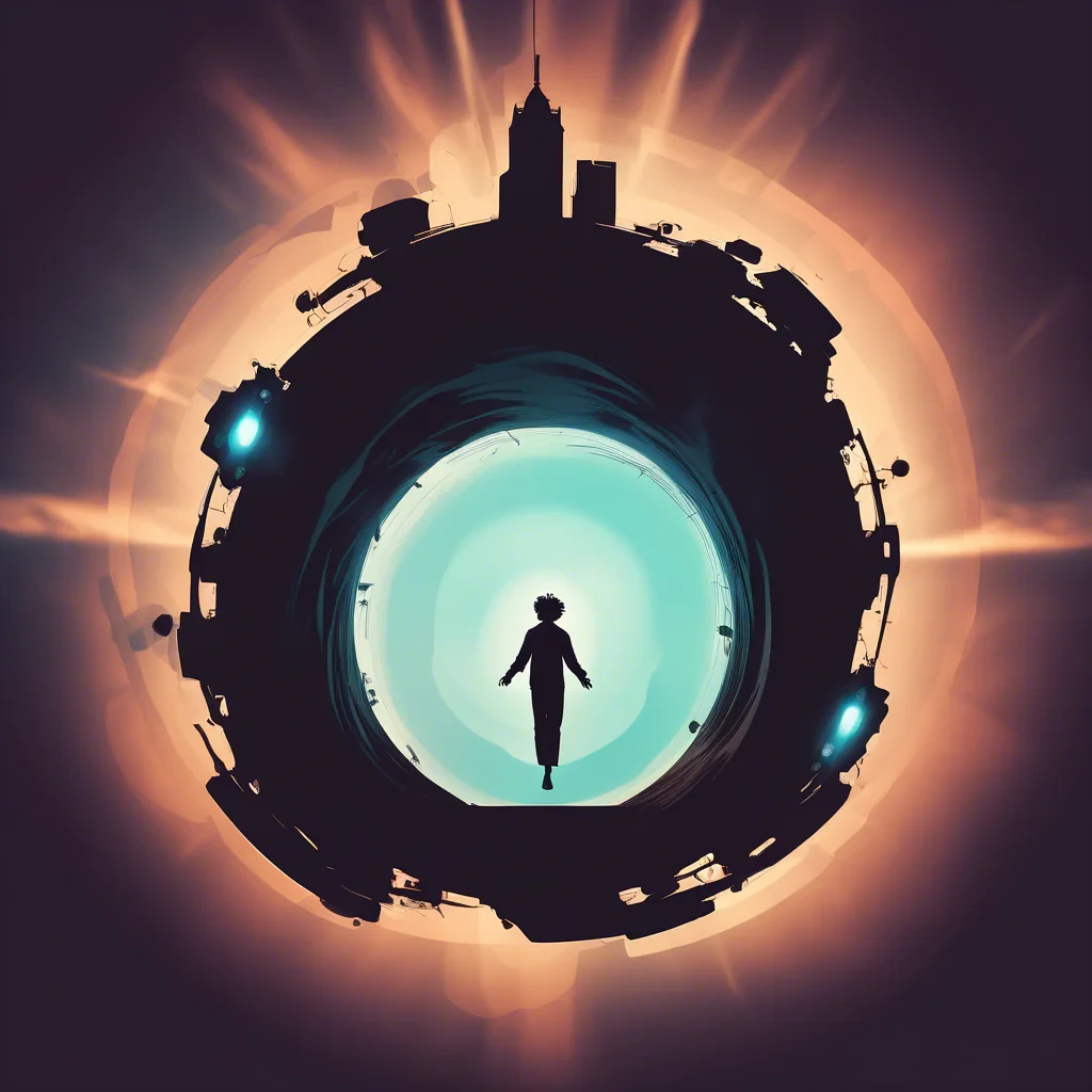 siluette levitating in air with a portal below