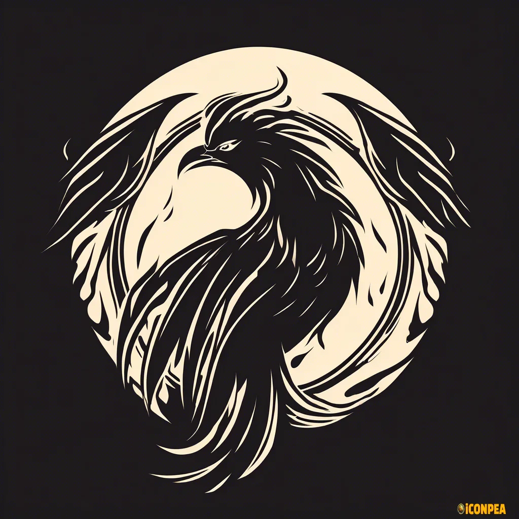 create a bold simple monochrome silhouette icon showing a phoenix fire bird rising from the ashes/fire in a circle, where the wings form part of the circle