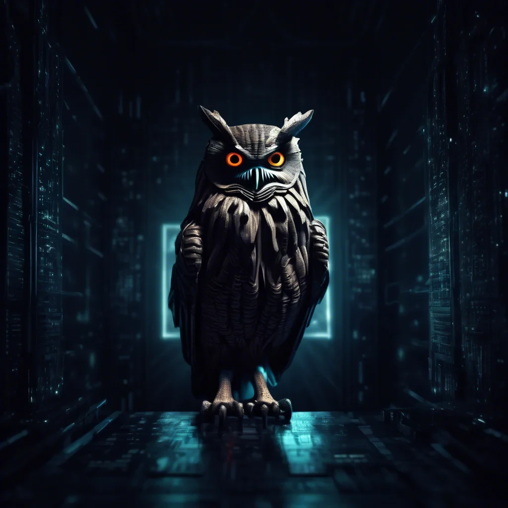 cyber night owl in a dark moody room illuminati behind