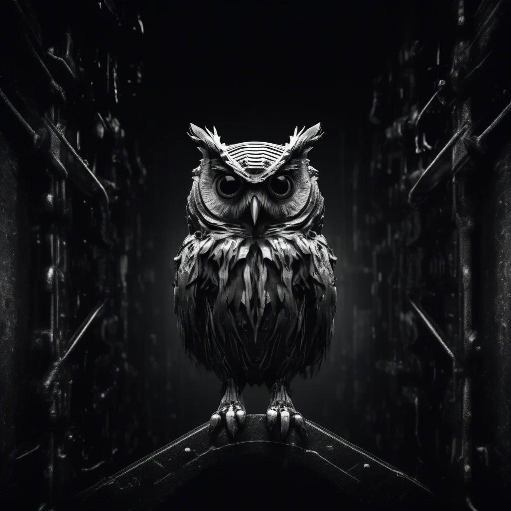 cyber spy owl in black and white moody dark atmosphere
