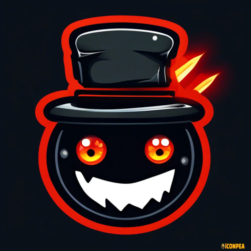 icon for app the head of an evil black snowman with red eyes, who has a big gear instead of a hat and a bitten carrot instead of a nose