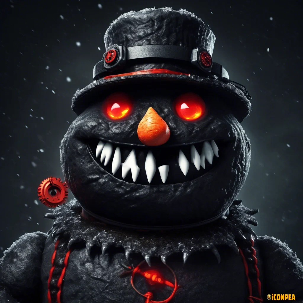 the head of an evil black snowman with red eyes, who has a big gear instead of a hat and a bitten carrot instead of a nose
