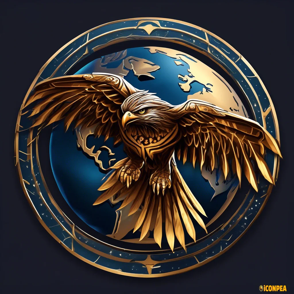A logo for a tribe, fearsome hawk gliding above planet earth, metallic (noble, grand, sacred)