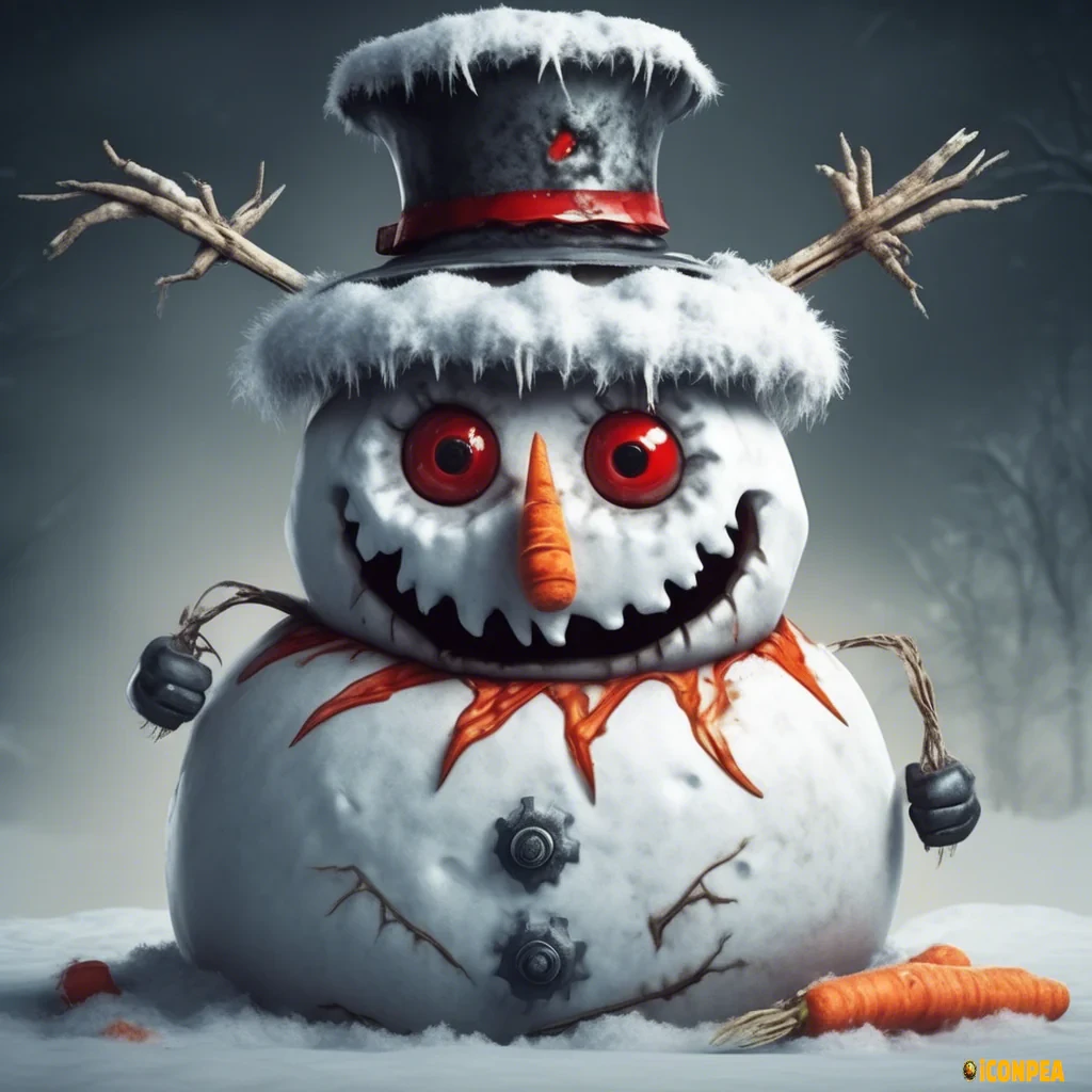 the head of an evil snowman with red eyes, who has a big gear instead of a hat and a bitten carrot instead of a nose