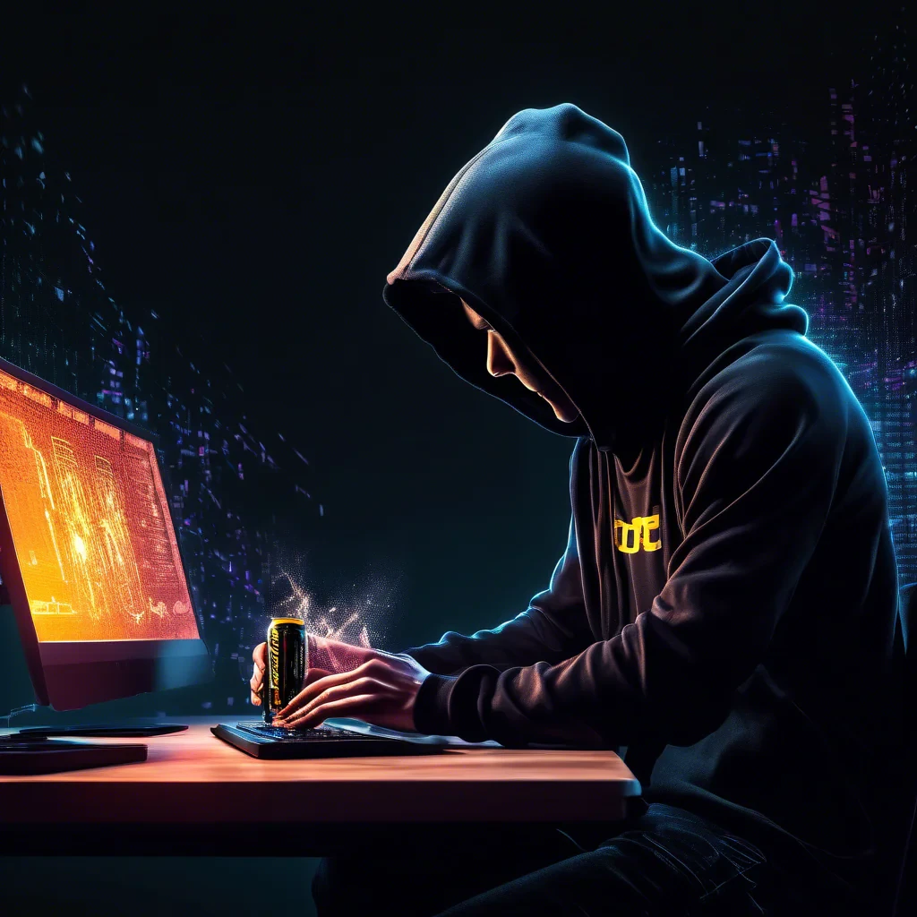 siluette with a black hoodie, stearing at a computer screen with code and energy drinks on the table