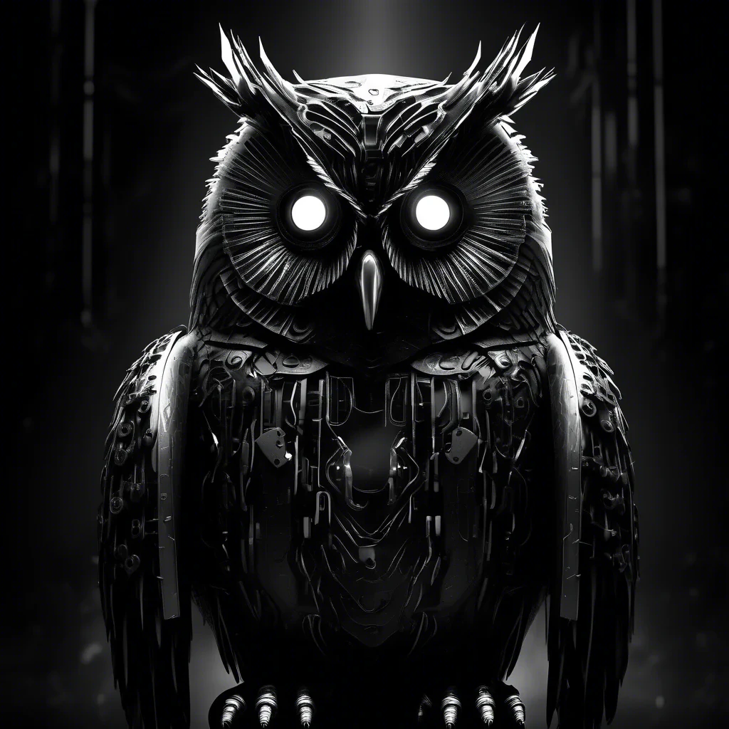 cyber owl in black and white moody dark atmosphere