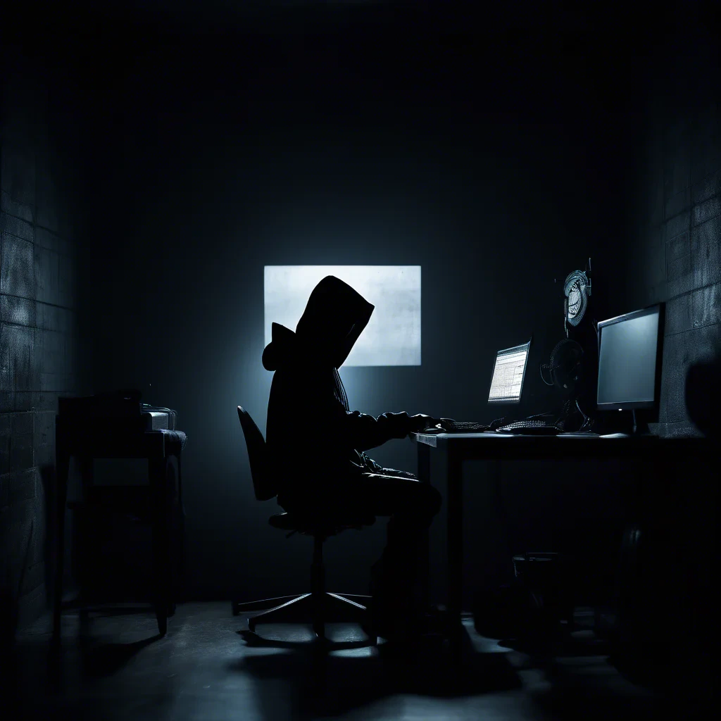 dark moody room with a siluette with a black hoodie, stearing at a computer screen