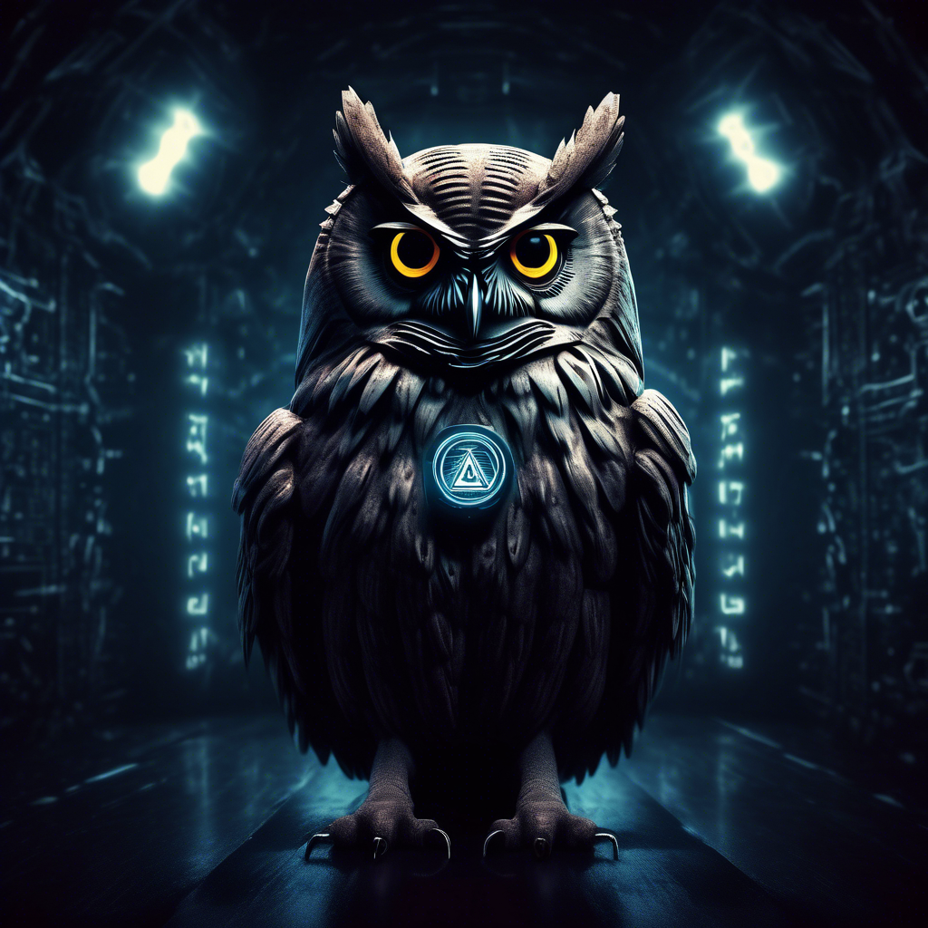 cyber night owl in a dark moody room with illuminati symbol behind the owl