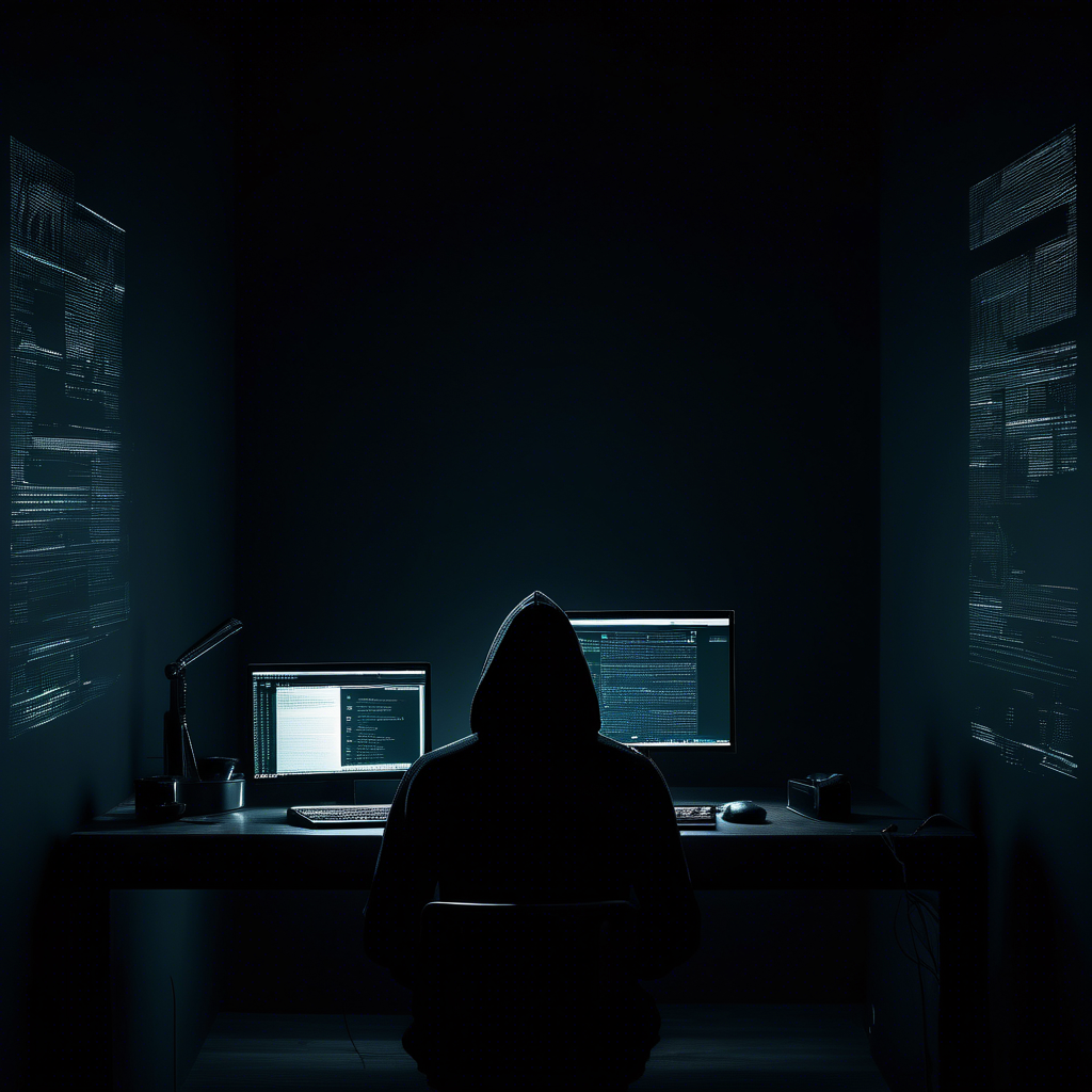 dark moody room with a siluette with a black hoodie, stearing at a computer screen with code
