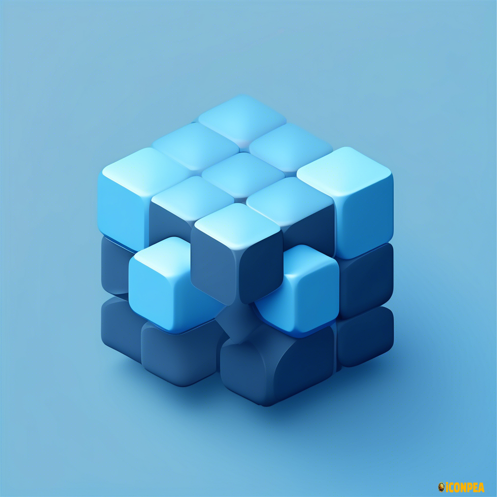 simple icon, low resolution, ai processing, blue, net dots surrounding pastel blue cube, 3d, isometric, tech design, solid dark gray background, no shadow