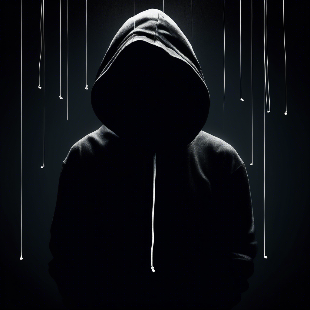 dark moody room with a portrait siluette wearing a black hoodie with white strings