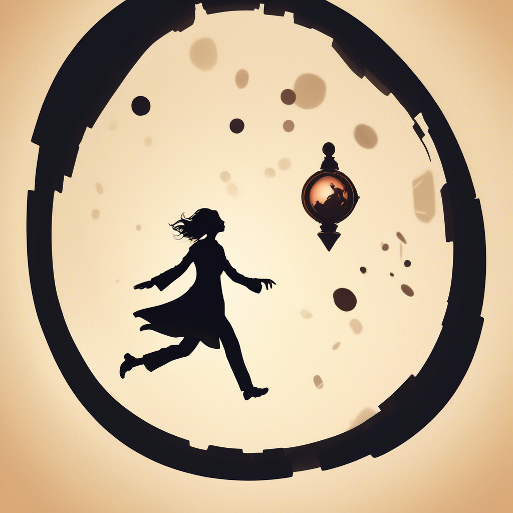 siluette levitating in air with a portal below