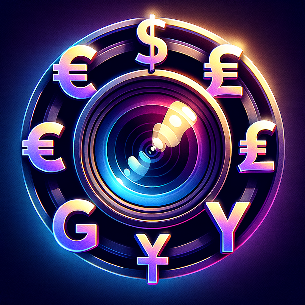 Design a premium iOS app icon (1024x1024) with a bold, realistic camera lens at the center.  Around the lens, place LARGE, clearly visible currency symbols forming a circular ring: USD $, EUR €, SAR ﷼ (Saudi Riyal – must be prominent and clearly readable), GBP £, JPY ¥.  The symbols should NOT be small — they must be bold, slightly raised, and evenly spaced, with strong visual presence.  Style: modern 2026 app icon trend, soft 3D + glassmorphism + slight neumorphism.  Material: glossy, semi-transparent glass with reflections and depth.  Colors: rich gradient background (deep blue, violet, subtle neon glow). Each currency symbol has a subtle metallic or glowing finish.  Lighting: soft cinematic lighting, highlights on the lens, slight glow around symbols.  Composition: clean, centered, symmetrical, no clutter, no text.  Focus on clarity at small sizes — every symbol must remain readable, especially SAR ﷼.  Make it look like a top-tier fintech AI app icon on the Apple App Store.  Ultra high detail, sharp, premium finish.