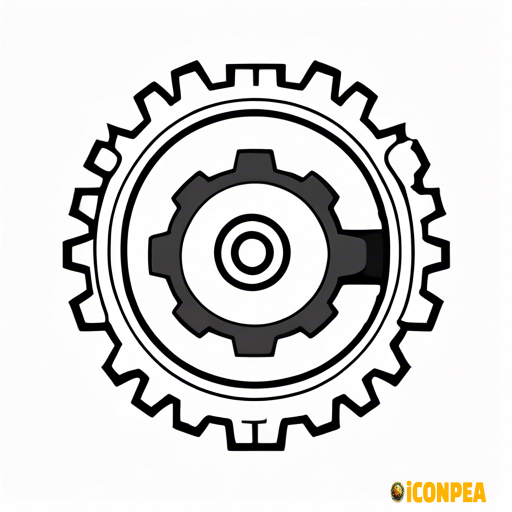 a simplistic outline of a cog or gear, with a play button from a remote control in the bottom-right corner. it should be 2d, black and white, and single lines